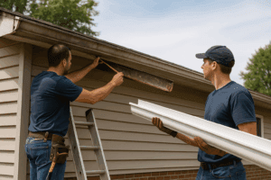 ChatGPT Image - Workers removing old gutter KPI repairs gutters, downspouts, gutter covers, and more.
