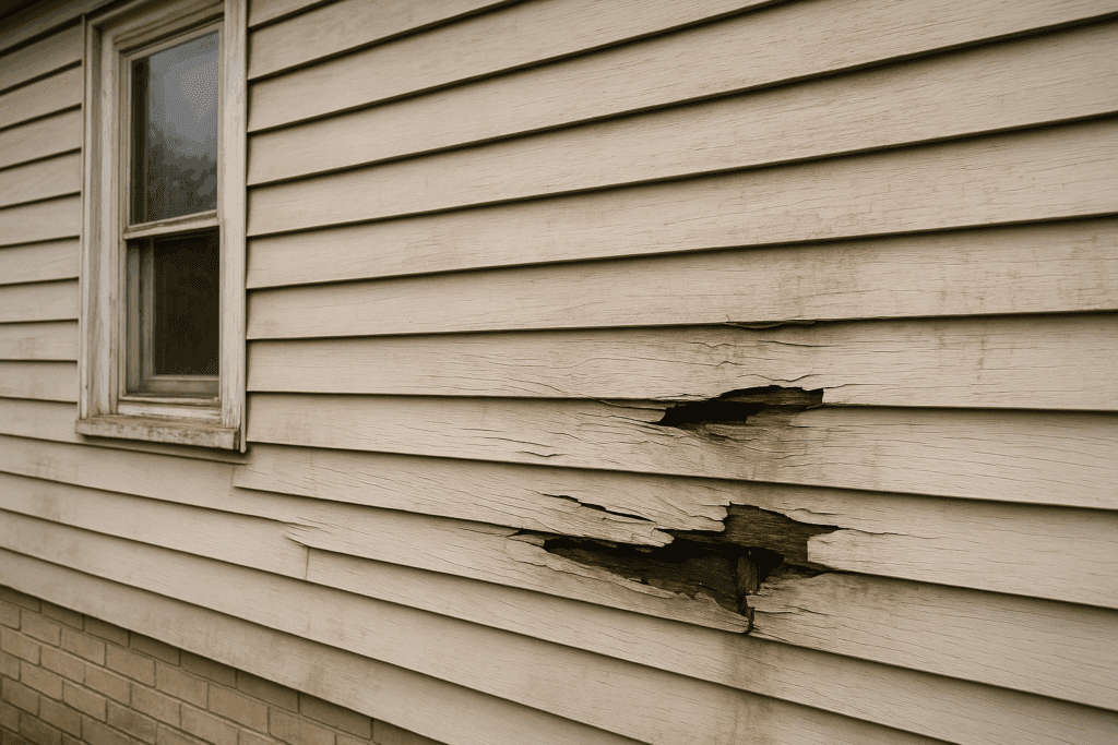 ChatGPT Image damaged siding Contact KPI Jr Exteriors for expert siding repair.