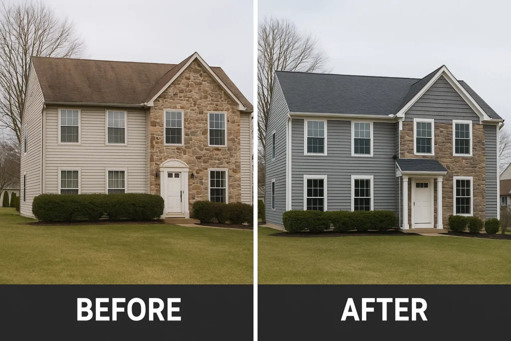 Before and after of roof repair and siding installation by KPI Jr Exteriors, trusted exterior contractor in Bucks County.