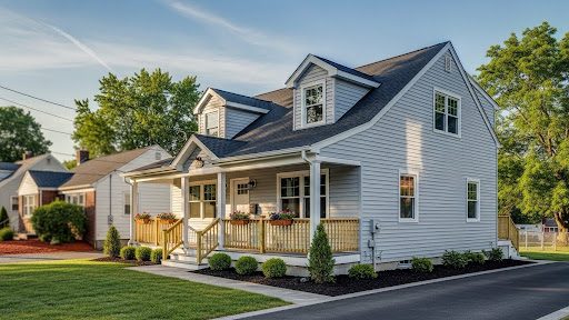 Renovated suburban home with new siding and roof, sunny morning in Pennsylvania