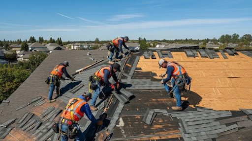 KPI Exterior roofing crew replacing asphalt shingles on a residential home in Chester County, PA, showcasing professional roof installation and safety-focused workmanship.