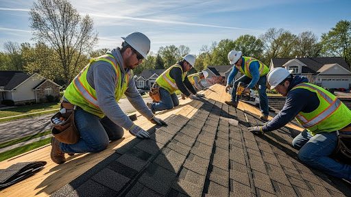 KPI Exteriors roofing crew installing new asphalt shingles on a Mercer County home