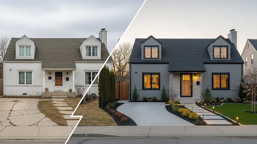 Before and after exterior home renovation in Chester County by KPI Exterior, highlighting upgraded roofing, modern siding and improved landscaping
